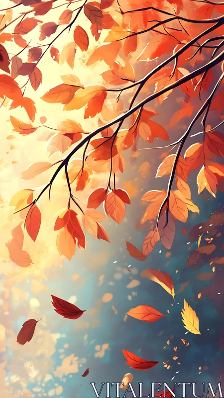 Autumn foliage drifts past sunlit branches in stylized digital art