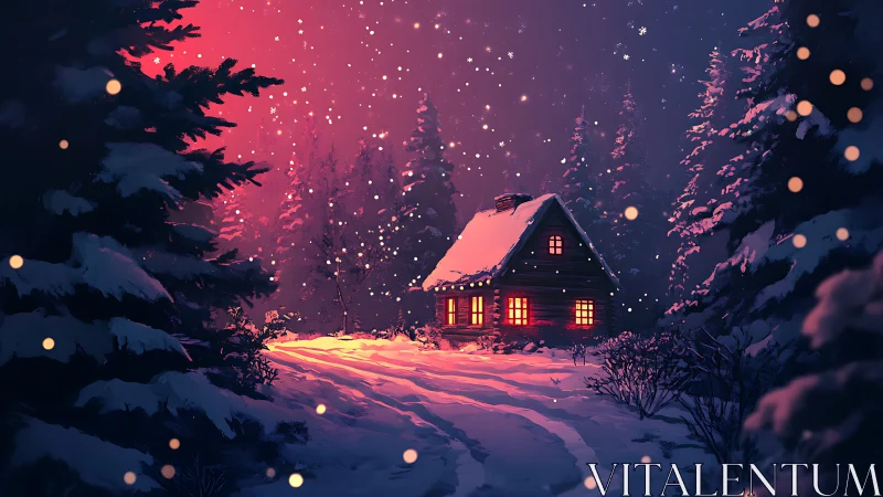 Snow-covered forest cabin is illuminated against dusk sky