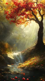 Autumn tree above waterfall in glowing forest light.