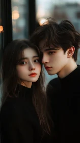 Young couple shares intimate moment in urban twilight setting.