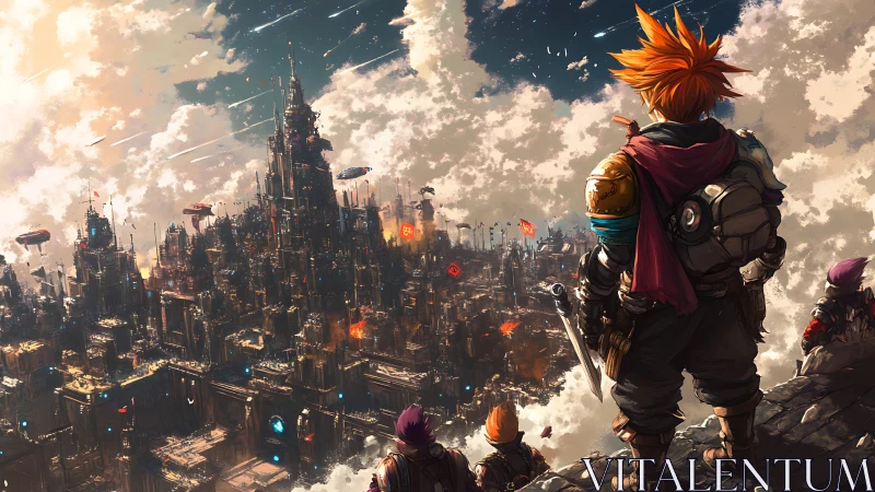 Cyberpunk hero overlooking burning fortress city from cliff.