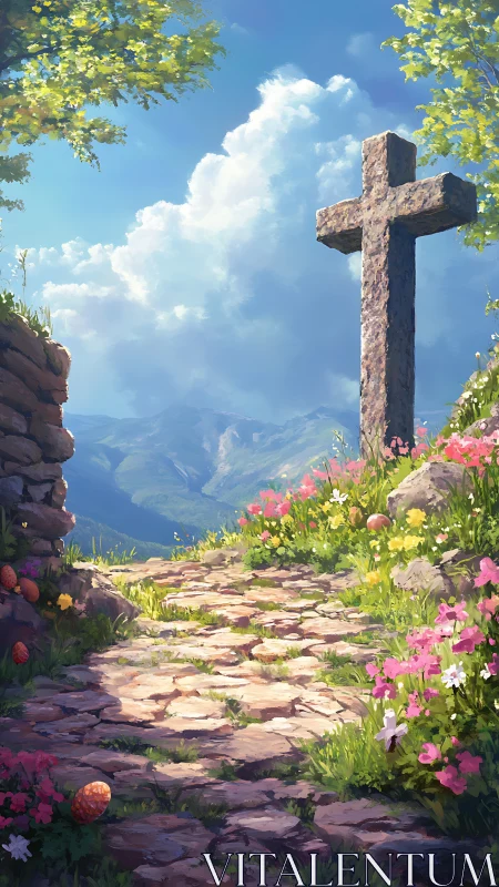 Stone cross stands over sunlit mountain path with flowers