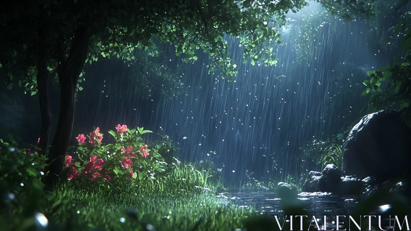 Rainlit forest bloom under whispering silver curtain.