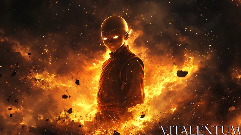 Fire-wreathed monk-like warrior emerges from blazing inferno.
