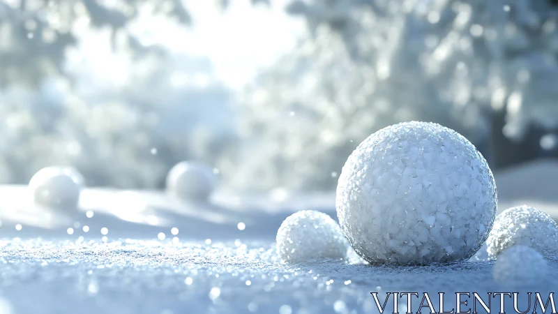 Glittering snow spheres bask in dreamy winter morning light.