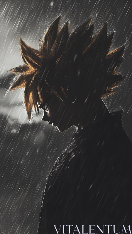 Side-lit spiky haired figure stands in heavy angled rainfall