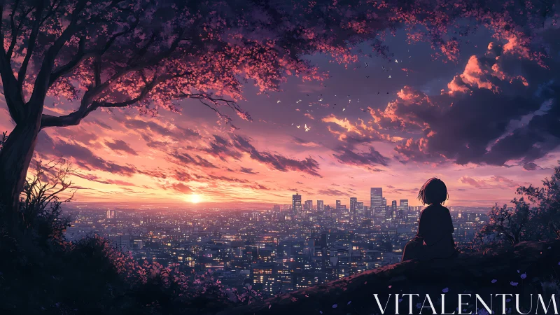 Solitary figure watching neon-lit city beneath violet sunset