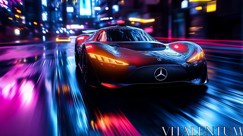 Neon-lit aerodynamic supercar rendered with dynamic motion blur
