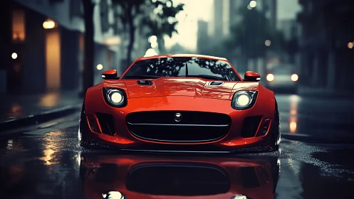 Red sports coupe in rainy cinematic city street scene.