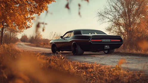 Muscle car prowls an amber autumn backroad in soft dusk light.