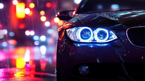 Neon-lit sports car headlights in vibrant urban rainfall.