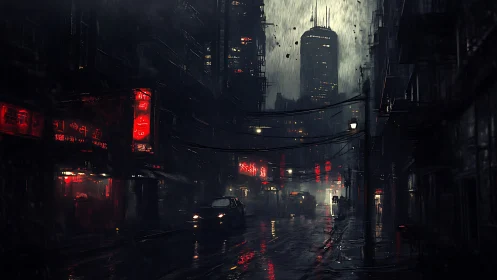 Neon rain stitches a cyberpunk avenue through the gloom