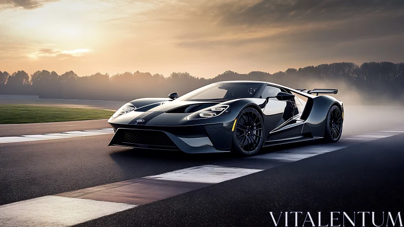 Black mid-engine supercar stands on race track at sunrise