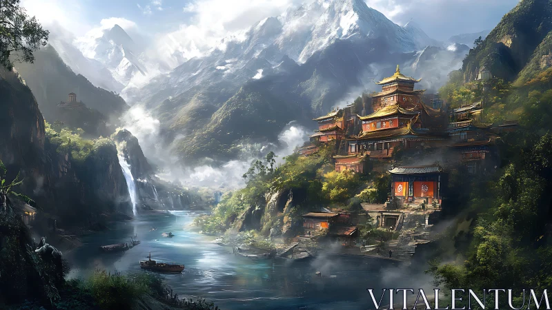 Epic river valley temple citadel under snowcapped mountain massif