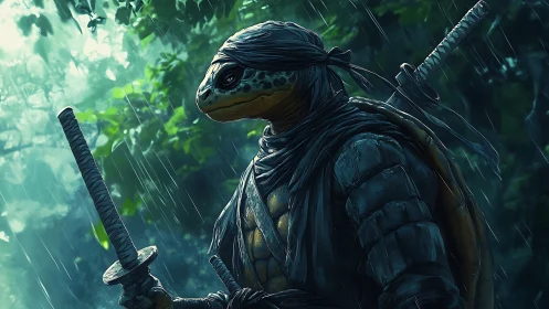 Armored humanoid turtle swordsman stands in rainy forest