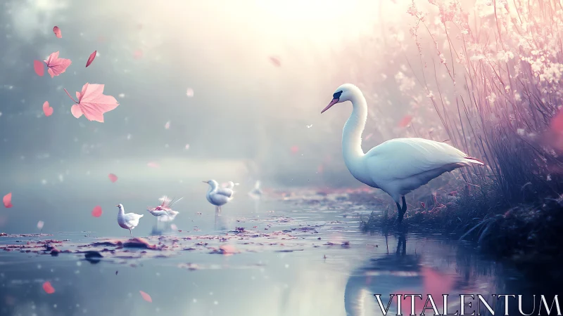 White swan stands in misty lakeside scene with pink leaves