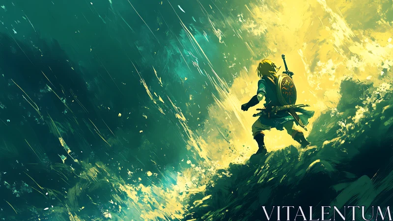 Heroic figure ascending storm-lit ridge in dynamic brushwork.