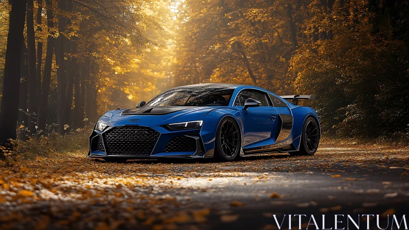 Electric blue supercar slicing through golden autumn forest.