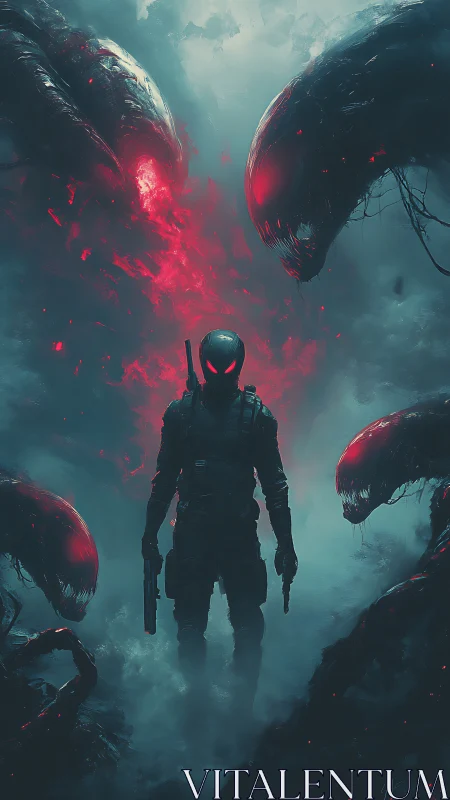 Lone cyber soldier confronts alien monsters in toxic mist