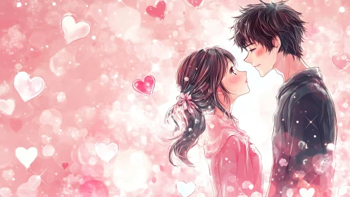Romantic Anime Couple Portrait with Bokeh Heart Particles and Soft Pink Rendering