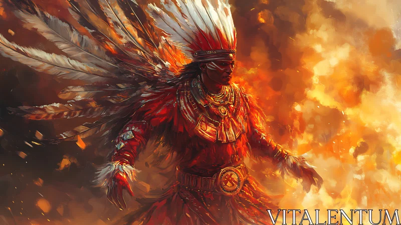 Fire-clad tribal warrior strides through swirling embers.