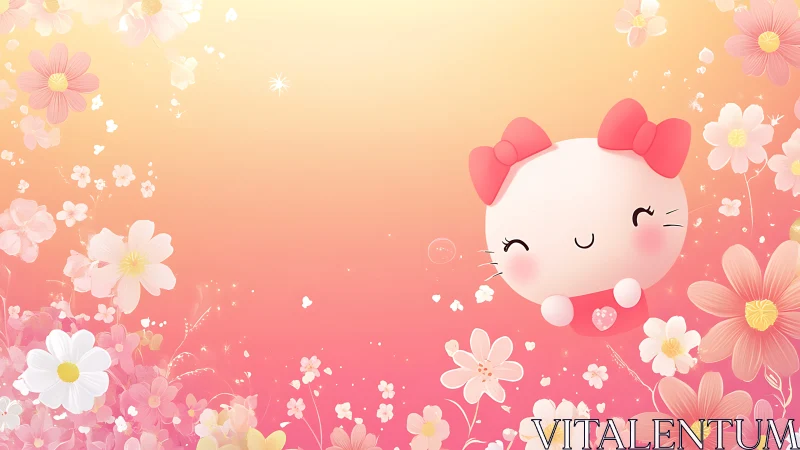 Anime floral character on pastel pink gradient background.