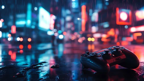 Wet game controller on neon-lit cyberpunk street at night