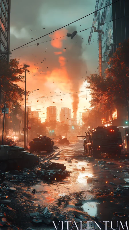 Armored convoy advances through burning urban warzone.