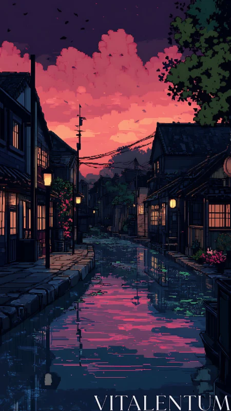 Canal street at dusk with pixelated buildings and sky.