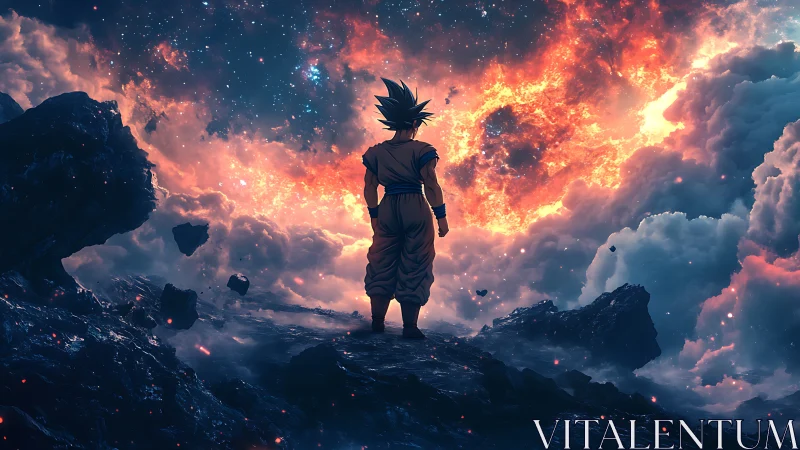 Celestial warrior observing thermonuclear nebula horizon.