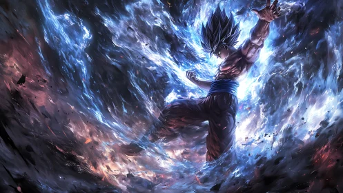 Energy-charged warrior erupts through swirling cosmic storm