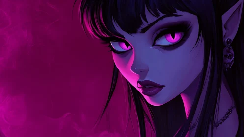 Neon-eyed goth enchantress in electric magenta shadows.