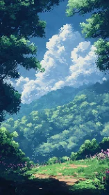 Pixel art landscape with layered forest canopy, cumulus clouds, meadow