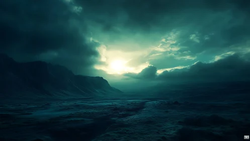 Glacial alien valley under teal storm-lit horizon glow.