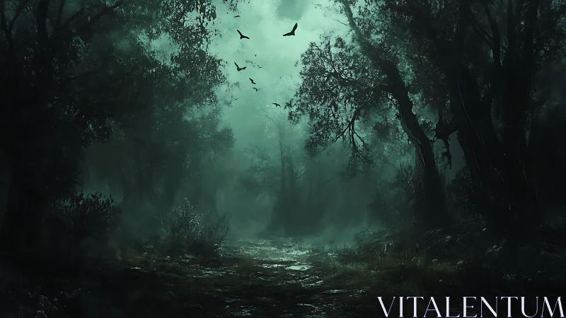 Nocturnal mist forest corridor under cinematic teal haze.