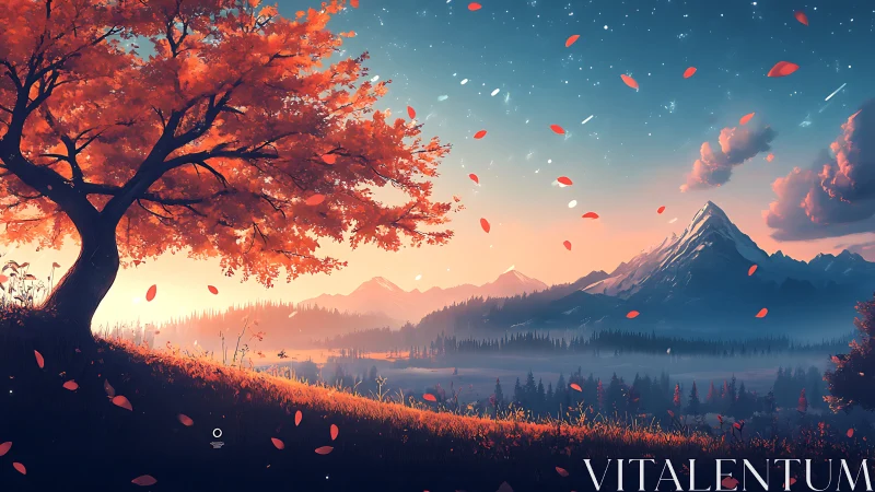 Autumn tree overlooks glowing valley beneath starlit dusk sky