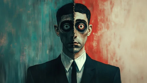 Split portrait illustrates dual psychological states via stark color fields