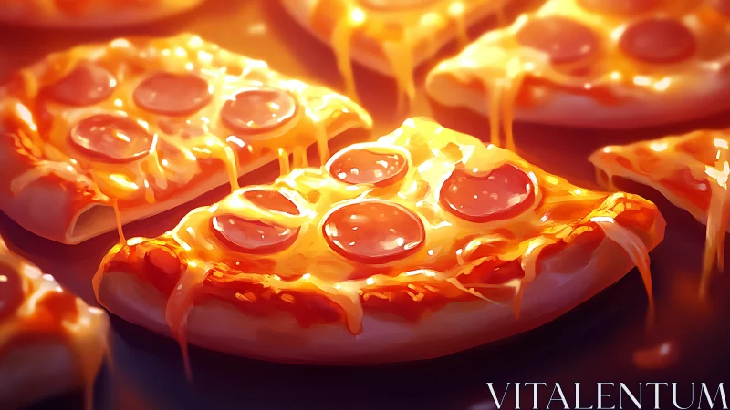 Golden pepperoni pizza slices glow with gooey melted cheese