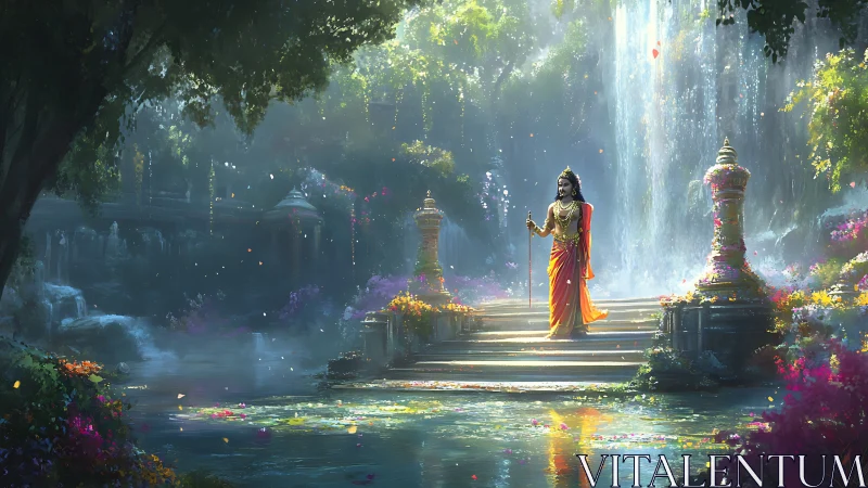 Divine figure on temple steps in lush waterfall garden scene.