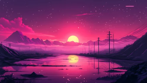 Digital painting sunset over neon mountains and flooded valley.