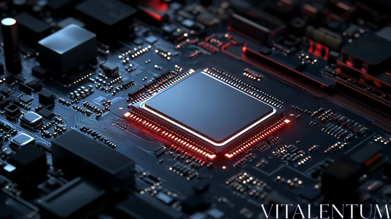 Central processor on illuminated modern circuit board.