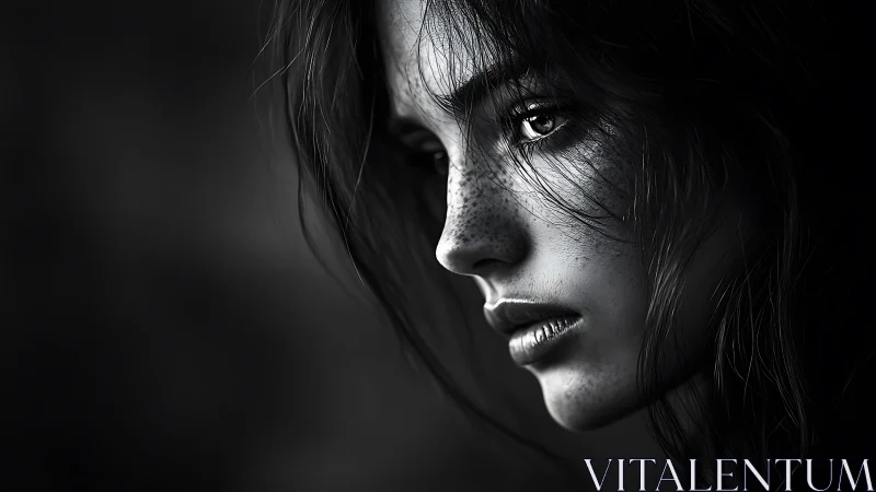 Shadowlit gaze of a freckled muse in silvery monochrome.