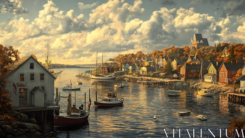 Golden hour settles over a tranquil autumn harbor village
