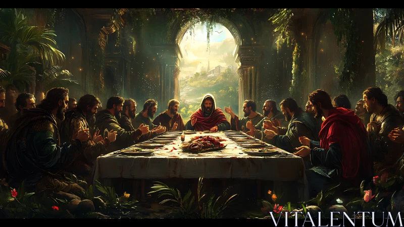 Lush architectural Last Supper with volumetric light and dense foliage