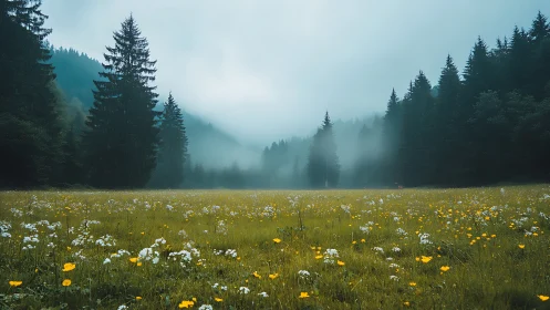 Mist-laden alpine meadow with conifer forest framing field.