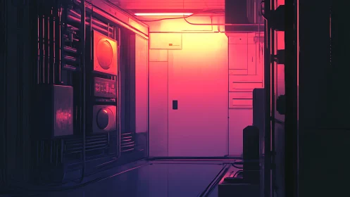 Neon server corridor glows with vivid magenta backlight.