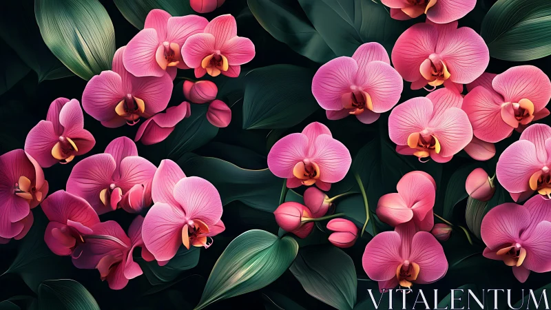 Pink orchid cascade over deep green jungle leaves.