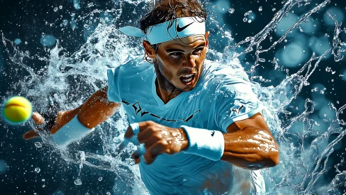 Male tennis player lunges forward amid dynamic water splash