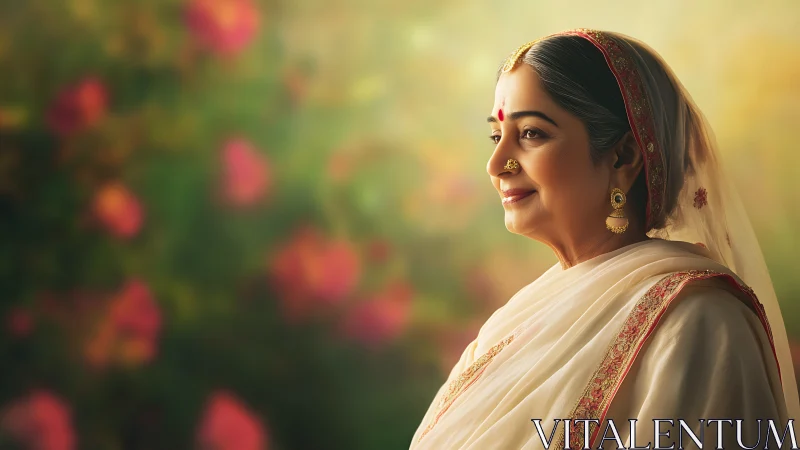 Elderly Indian woman in traditional attire, soft portrait style.