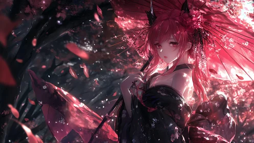 Anime sakura maiden under parasol in luminous petal storm.